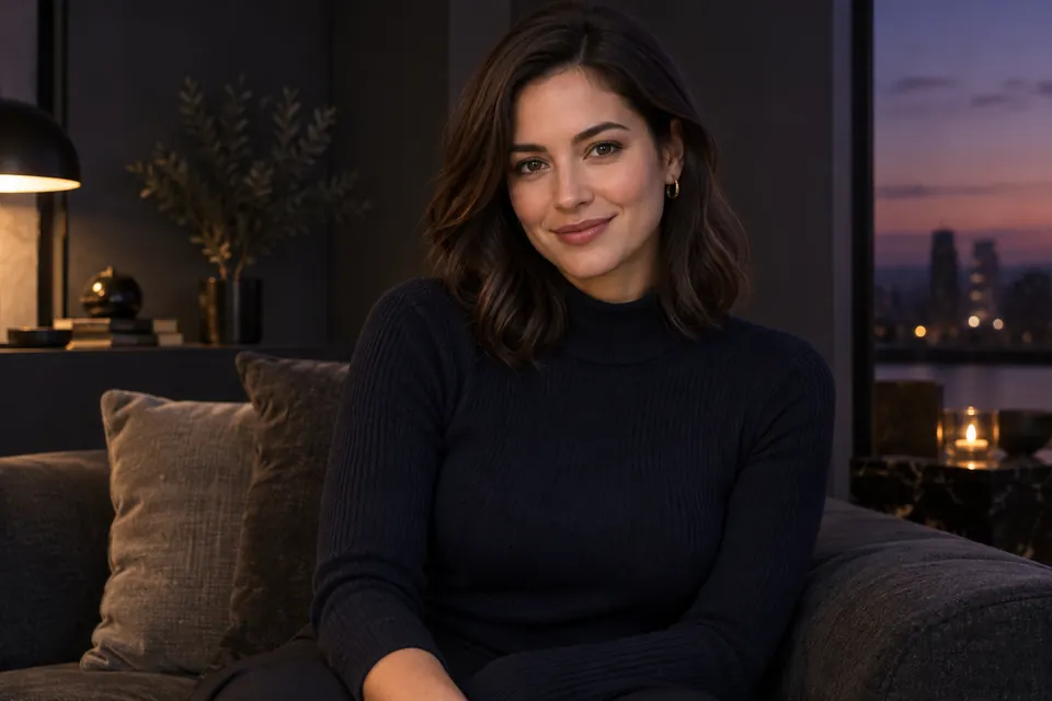 Fictional adult woman in a navy sweater, seated in a softly lit lounge.