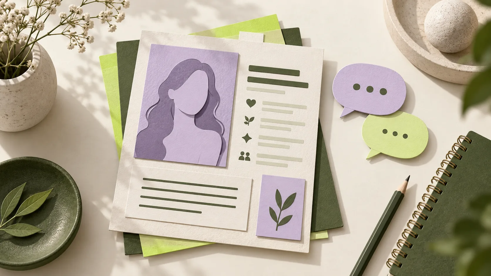Paper character profile with a lavender silhouette, notes and two speech bubbles.