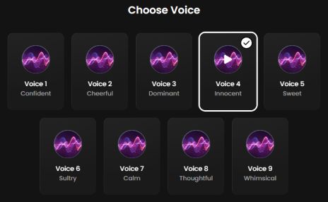 Nine voice choices in the Candy AI character builder, with Innocent selected