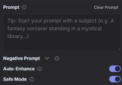 Prompt and negative prompt fields with Auto Enhance and Safe Mode enabled
