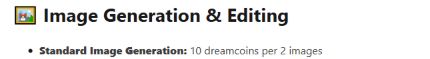 OurDream Help Center lists standard image generation at 10 Dreamcoins per two images